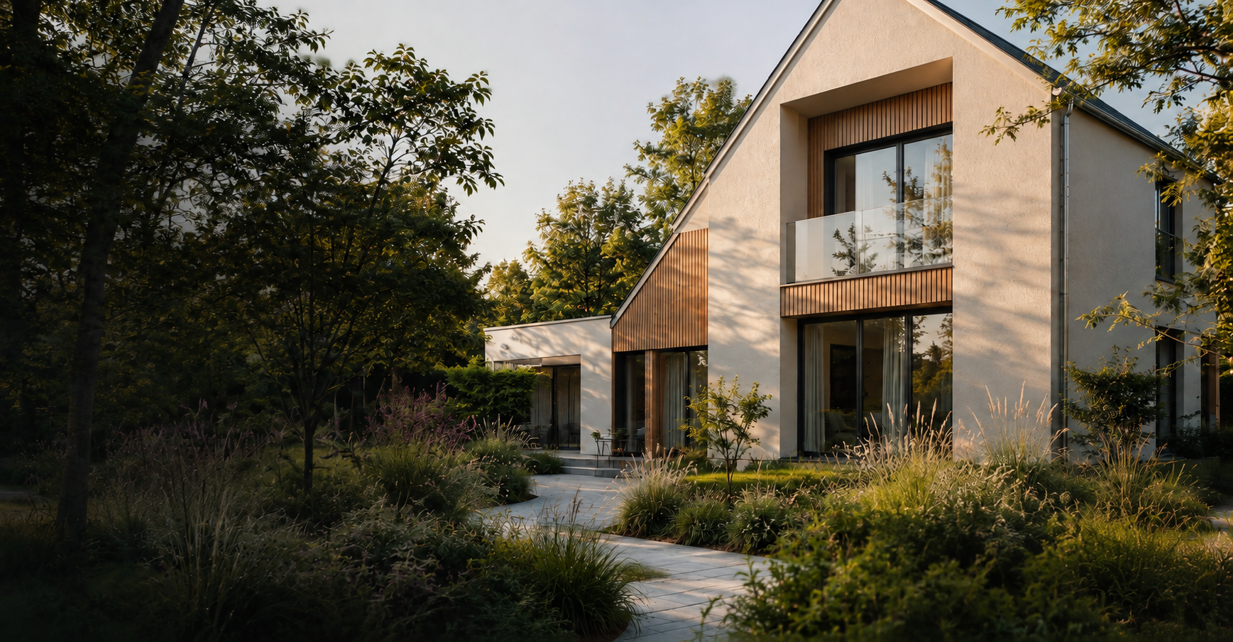 Architekturillustration eines modernen Wohnhauses mit Holzfassade und Garten