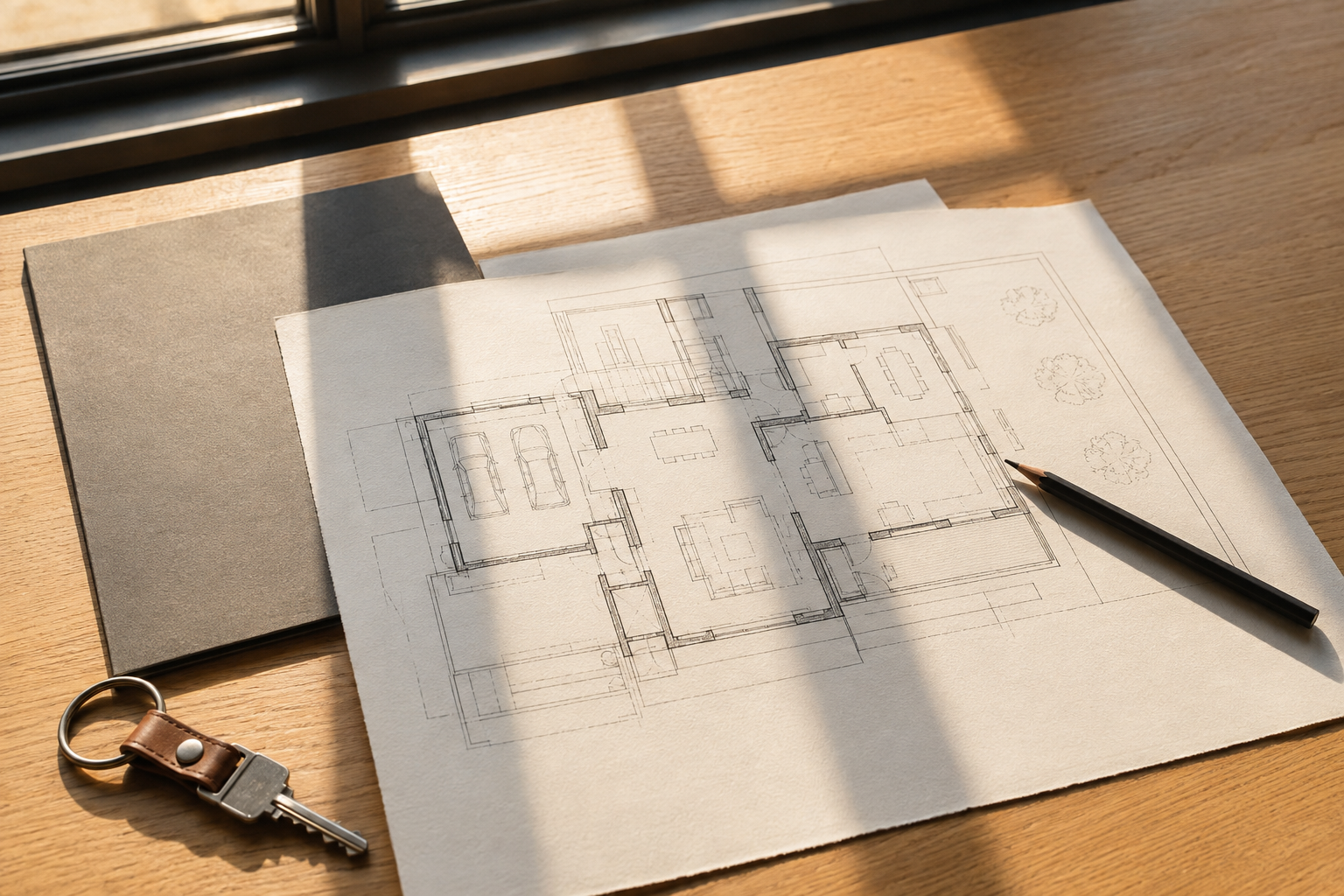 Illustration von Grundriss, Bleistift und Hausschlüssel auf einem Schreibtisch
